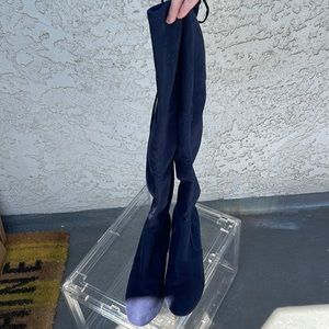 Navy thigh high heeled boots